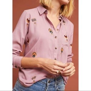 Anthropologie County Fair Embroidered Top in Pink Hot Air Balloons